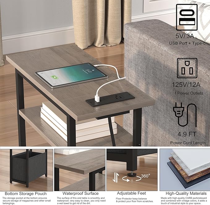 Narrow Side Table with Charging Station Set of 2, Small End Table for Small Spaces, Skinny Nightstands Set 2 with Storage Basket, 3 Tier Sofa Bedside Tables for Living Room,Bedroom, Grey