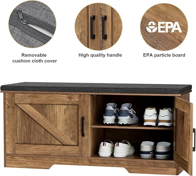 2-Tier Storage Bench, Shoe Bench with Padded Seat Cushion, Entryway Bench with 2 Barn Doors, Adjustable Shelf, 13.8" D x 39.4" W x 17.7" H, for Entryway, Living Room, Bedroom, Rustic Walnut-NeatNest