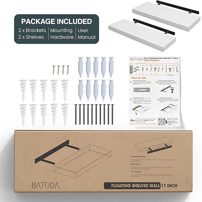 BATODA Set of 2 17" White Floating Shelves Wall Mounted for Bathroom – Wooden Decorative Wall Bookshelf - Storage Shelf Organizer for Home, Bedroom, Kitchen - Black Bracket, Shelving Mounting Included-NeatNest