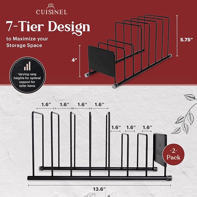 Cuisinel Lid and Dish Organizer Rack - 2-Pack Matte Black Kitchen Storage Organization Stand - Plate Holder, Pan/Pots Covers, Cutting Board and Cookie Sheet Divider - 7-Tier Cabinet/Counter Display-NeatNest