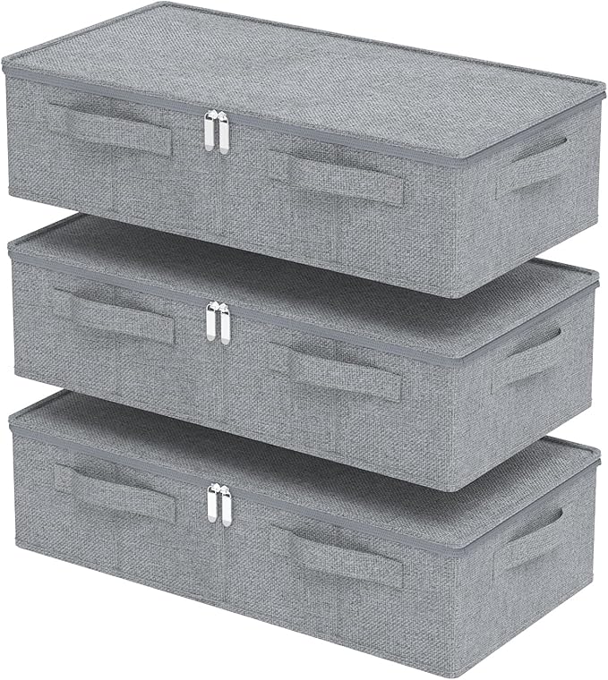 Underbed Storage Box, Foldable Under Bed Bins Container, Fabric Closet Organizer with Lid, for Clothes, Sheets, Blankets, 23.6x11.8x5.9in, Grey, 3 Pack-NeatNest