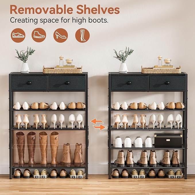 Shoe Rack for Entryway, 5 Tier Shoe Organizer with 2 Non-Woven Drawers, Metal Storage Shoe Shelf for 16-20 Pairs of Shoes, with Wooden Top and Steel Frame, Shoe Stand for Closet Black Grey-NeatNest