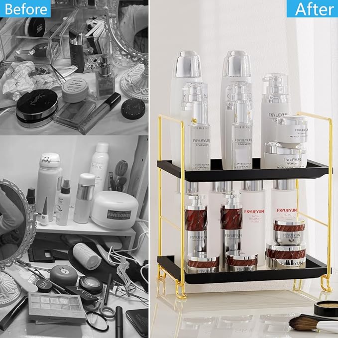 FSyueyun 2-Tier Bathroom Countertop Organizer, Tool-Less Installation Premium Plastics Makeup Shelf Organizer Perfume Skincare for Dresser Vanity Tray Organizers and Storage (Gold & Black)-NeatNest
