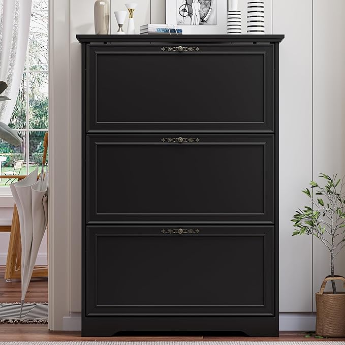 3 Flips Shoe Cabinet for Entryway, Narrow Shoe Storage Cabinet with Adjustable Shelves, Wooden Space-Saving Organizer and Rack for Foyer, Closet, Hallway