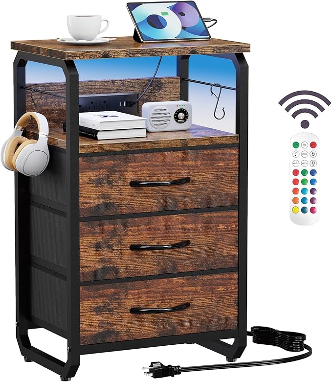 Bed Side Table with 3 Fabric Drawers, Night Stand with Charging Station, LED Nightstand with Hooks, Bedside Table End Table with Storage, Night Table for Living Room, Bedroom (Rustic Brown)-NeatNest