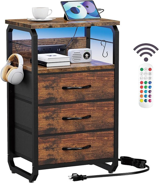 Bed Side Table with 3 Fabric Drawers, Night Stand with Charging Station, LED Nightstand with Hooks, Bedside Table End Table with Storage, Night Table for Living Room, Bedroom (Rustic Brown)-NeatNest