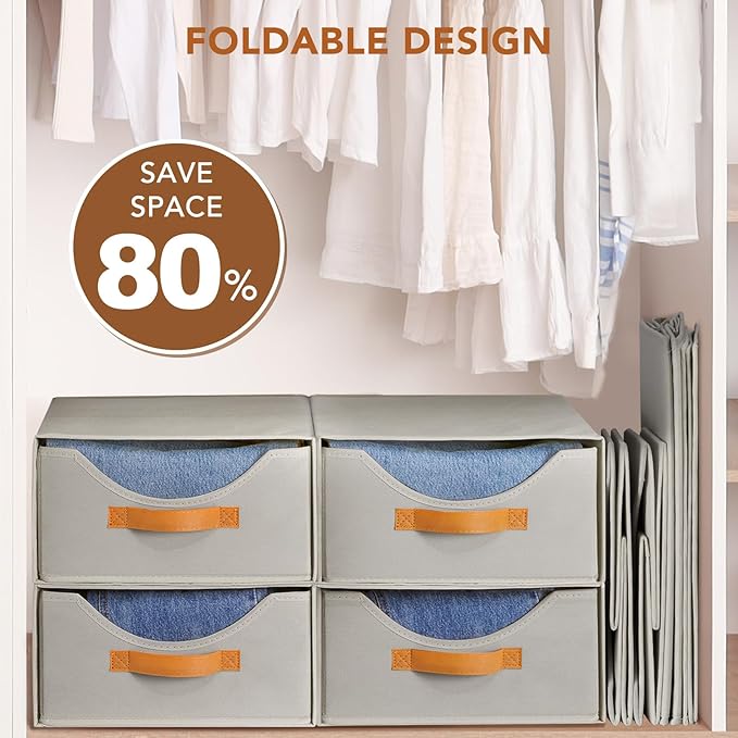 6 Pcs Closet Drawers and Large Size Clothes Storage Bins Push-Out Storage Stackable Shelf Drawers with See-Through Window Closet Organizers for Bedroom, Living Room, Under Bed, Grey-NeatNest