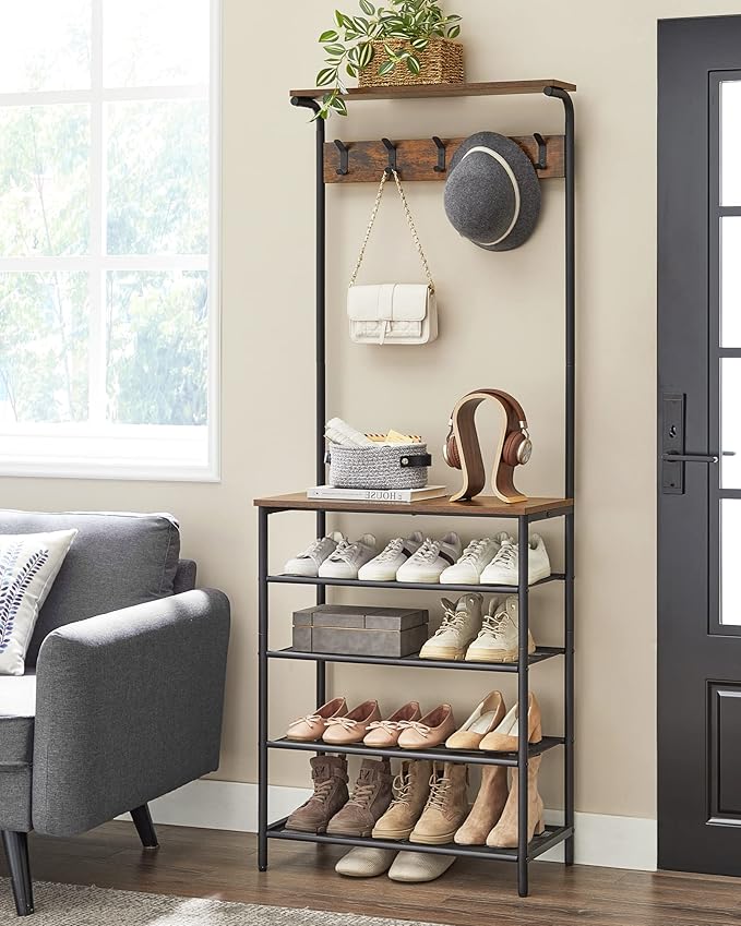 VASAGLE Hall Tree with Shoe Bench, Coat Rack Shoe Bench, 5-Tier Shoe Rack Different Heights, 5 Dual Hooks, Top Shelf, Entryway Organizer, Hallway Bedroom Dorm, Rustic Brown and Black UHSR412B01-NeatNest