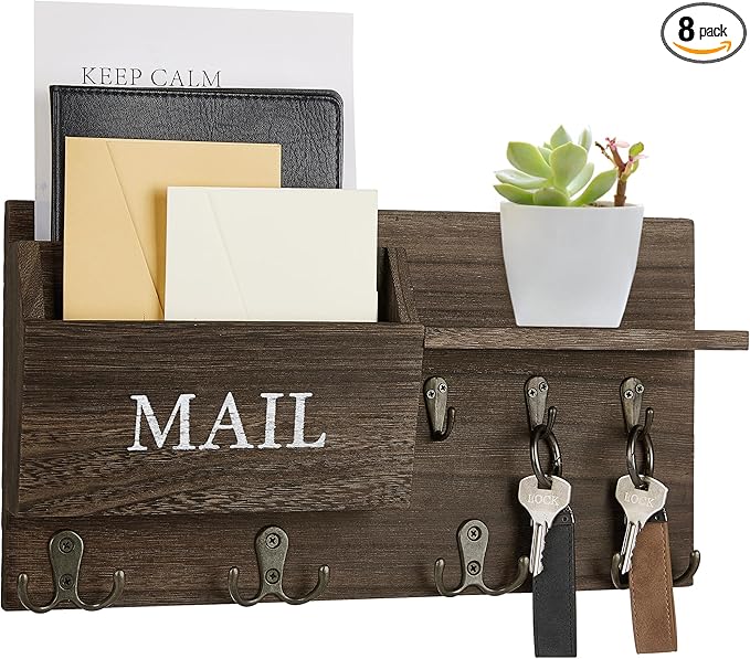 Key Holder for Wall, Mail and Key Hanger Wall Mount with Double Key Hook and Wall Coat Rack Shelf Decor,Key Organizer Suitable for Entryway, Hallway, Dog Leashes,Kitchen and Living Room(Brown)