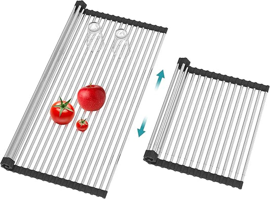 BBXTYLY Extra Large Expandable Roll Up Dish Drying Rack,Over The Sink Drying Rack Sink Cover Kitchen Sink Accessories Kitchen Rolling up Stainless Steel Drainer, Foldable,Rollable(Black,22.8''-17'')-NeatNest