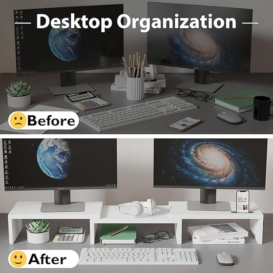 BONTEC Dual Monitor Stand for Desk, Adjustable Length and Angle Monitor Stand Riser with Smartphone Holder, Desk Shelf for Top of Desk, Computer Monitor Stand with Storage, Office Desk Organizer, White-NeatNest