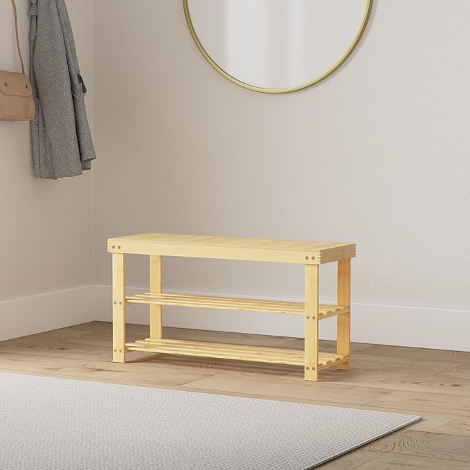 SMIBUY Bamboo Shoe Rack Bench, 3-Tier Shoe Organizer Storage Shelf for Entryway Hallway Bathroom Living Room (Natural)-NeatNest