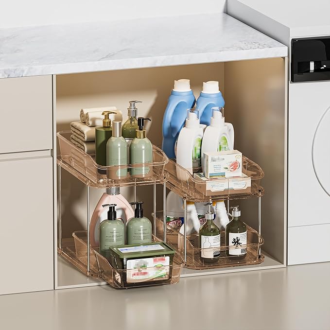 Delamu 2 Sets of 2-Tier Clear Under Sink Organizers and Storage, Multi-Purpose Stackable Bathroom Cabinet Organizers, Amber-NeatNest