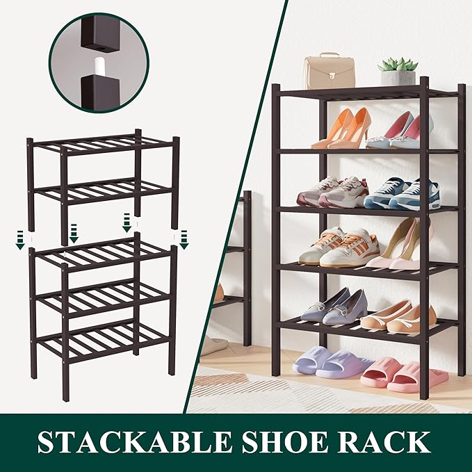 Smiry Bamboo Shoe Rack for Closet, 2 Tier Long Wooden Stackable Shoe Organizer, Free Standing Shoes Storage Shelf for Entryway, Front Door Entrance, Brown-NeatNest