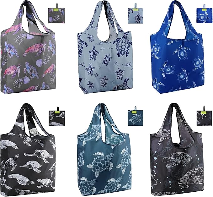 BeeGreen Turtle Gifts Reusable Grocery Bags - Large 6 Pack Tote with Handles Foldable & Machine Washable Polyester - Shopping Baskets with Pouch for Women (Collapsible Animal Design Gift)-NeatNest