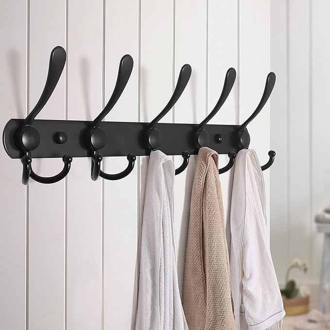 Dseap Coat Rack Wall Mounted - 5 Tri Hooks, Heavy Duty, Stainless Steel, Metal Coat Hook Rail for Coat Hat Towel Purse Robes Mudroom Bathroom Entryway (Black, 2 Packs)-NeatNest