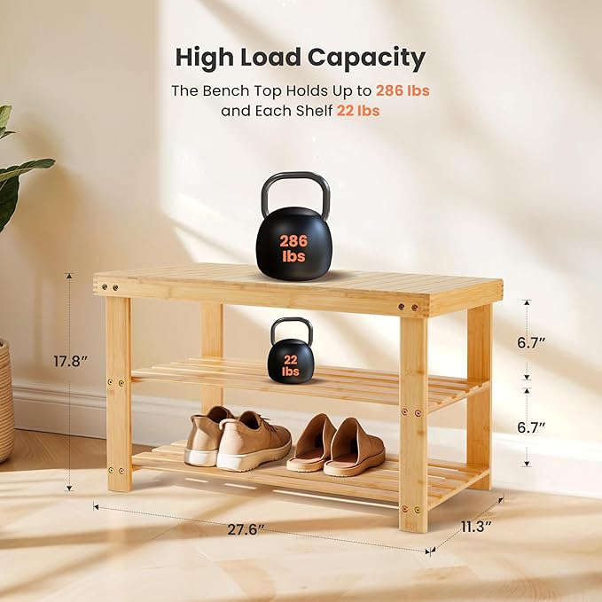 Simple Deluxe Shoe Rack Bench, 3-Tier Bamboo Storage Organizer, 286lb Capacity Entryway Bench for Front Door, Bedroom, Living Room, Bathroom, Balcony, Stylish Shoes Wood (11.3 x 27.6 x 17.8 Inches)