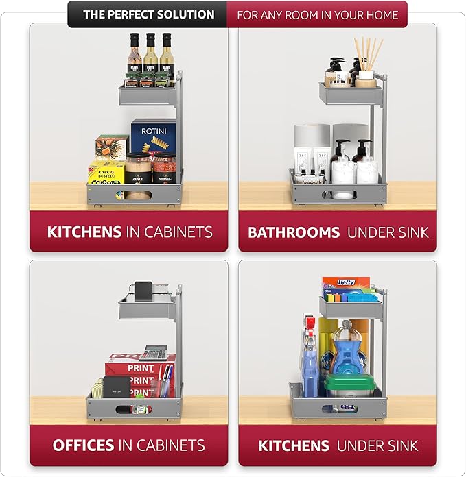 Sorbus Under Sink Organizer with Sliding Tracks – Pull Out Cabinet Organizer with Drawer & Installation Rails – Under Cabinet Bathroom Storage Organizer for Kitchen, Pantry, or Vanity –Silver 2 Pack-NeatNest