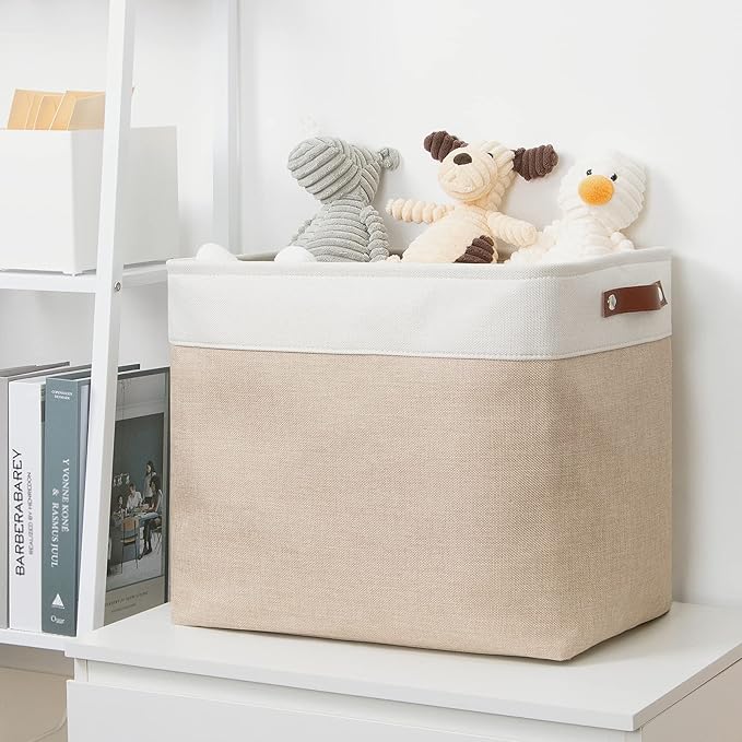 DULLEMELO Large Collapsible Storage Basket/Bin with Sturdy Leather Handles, Fabric Organizer Bin for Storage Clothes, Toys, Books, Office, Bedroom, Closet, Nursery & Laundry (White&Khaki)-NeatNest