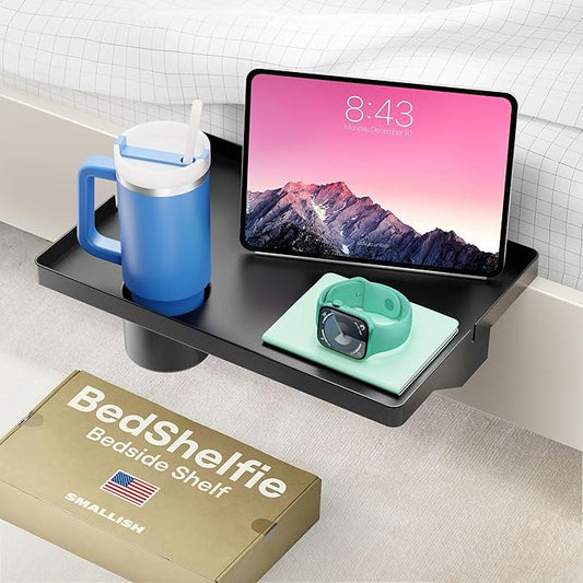 BedShelfie Bedside Shelf for Bunk Bed & Top Bunk, College Dorm Room Essentials, Clip On Nightstand, Bed Side Table Tray Organizer - Cup Holder, Black-NeatNest