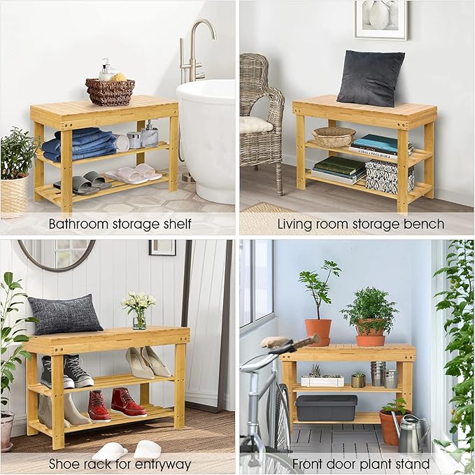 BAMBUROBA Shoe Rack Storage Bench Bamboo Organizer Entryway Organizing Shelf with Storage Drawer on Top, Natural
