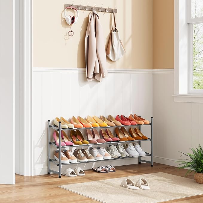 Tajsoon Expandable Shoe Rack for Closet 3 Tier, 28“-41“Adjustable & Stackable Shoe Shelf Storage, Metal Shoe Rack Organizer for Front Door Entrance, Closet, Garage, Entryway, Grey-NeatNest