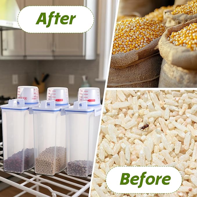 3 Pcs Rice Storage Containers (4 Lbs / 2 Kg Each) – Airtight BPA-Free ABS Plastic Dispenser with Measuring Cup & Pour Spout for Rice, Cereal, Pet Food, and More (Blue + Clear)