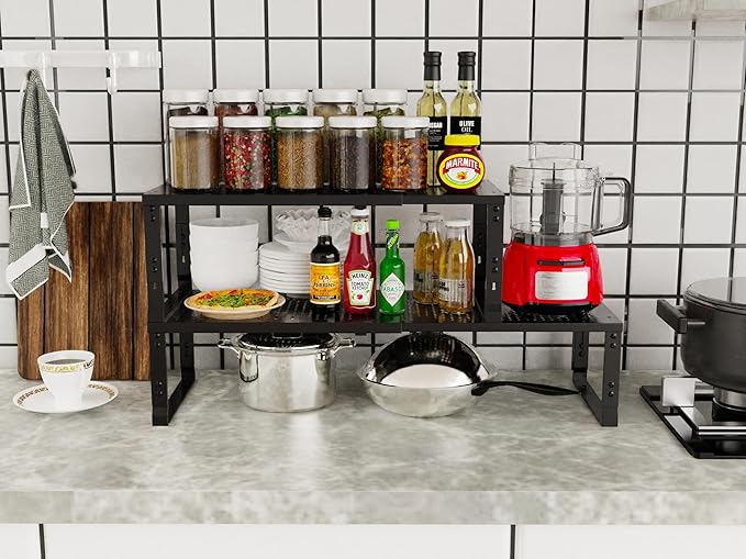 Adjustable Expanable Stackable Spice Rack Shelf Pantry Storage Organizer for Kitchen Cabinet,Countertop,Bathroom and more.Space is no longer limited(1Pack/Black/Medium)-NeatNest