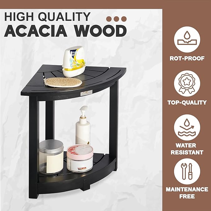 Acacia Corner Shower Stool, Waterproof Spa Foot Rest & Bath Bench with Storage Shelf & Soap Dish, Ideal for Bathroom, Shaving Legs, or as Small Corner Table/Step Stool (Black)