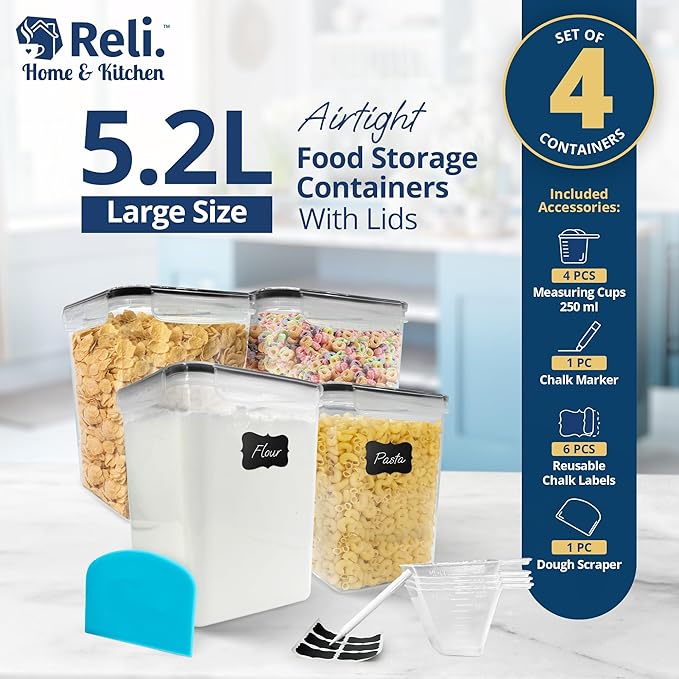 Reli. 5.2L Airtight Food Storage Containers with Lids (4 Sets) | Kitchen Organizers and Storage Pantry Organizers | BPA Free Plastic Container Set w/ 4 Measuring Cups, Dough Scraper, 6 Labels, Pen