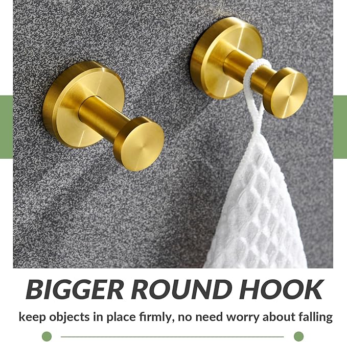 APLusee Brushed Gold Bathroom Towel Hooks 2 Pack, 304 Stainless Steel Robe Hooks for Kitchen Garage, Wall Mounted