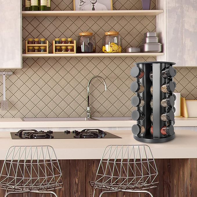 Black Countertop Rotating Spice Rack, Round Empty 20-Jars Revolving Spice Rack Organizer, 135 Spice Labels with Funnel Complete Set, for Kitchen Countertop, Cabinet-NeatNest