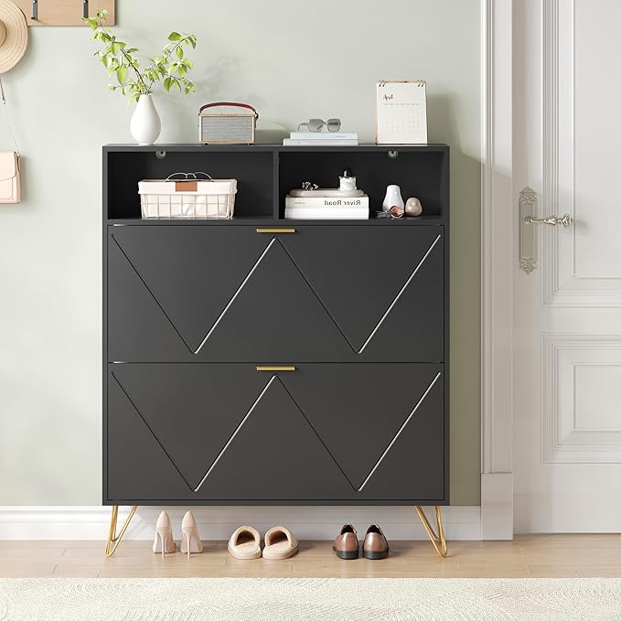 Shoe Cabinet with 2 Flip Drawers, Black Shoe Organizer Cabinet for Entryway Slim, Hidden Shoe Storage with Open Shelf & Metal Legs, Freestanding Tipping Bucket Shoe Rack Cabinet-NeatNest