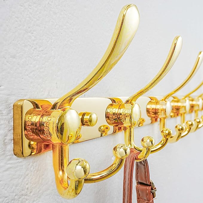 Dseap MaxStrong 2.0 Coat Rack Wall - 37” Long 10 Tri Hooks - Ultra Heavy-Duty Stainless Steel Wall Mount Coat Hanger, Hook Rail for Clothes Hats Jacket Towels Gold, Pack of 2