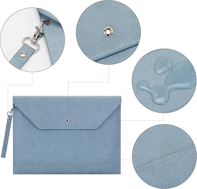 Wonderpool Envelope Case A4 PU Leather File Jacket Pocket Folder Document Case Bag with Removable Hand Strap and 4 Pocket for Documents Tablet Phone Stationery (Sky Blue)