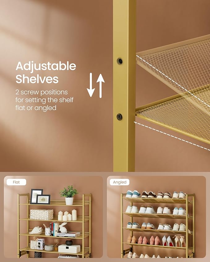SONGMICS Shoe Rack, 8-Tier Shoe Organizer, Metal Rack for Garage, Set of 2, 4-Tier Stackable Shelf, with Adjustable Flat or Angled Shelves, 32-40 Pairs, Pale Gold ULMR08A02-NeatNest