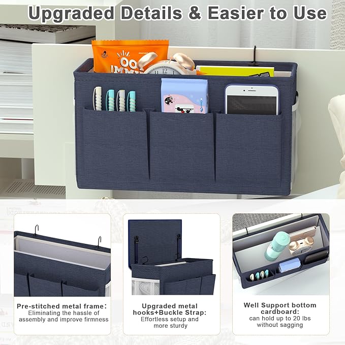 Dual-purpose Bedside Caddy Bedside Organizer, Bed Caddy with 6 Pockets, Versatile Bedside Storage Solution Magazine Remotes holder, ideal for Home, Dorm, Hospital, Crib Bed (Navy)-NeatNest