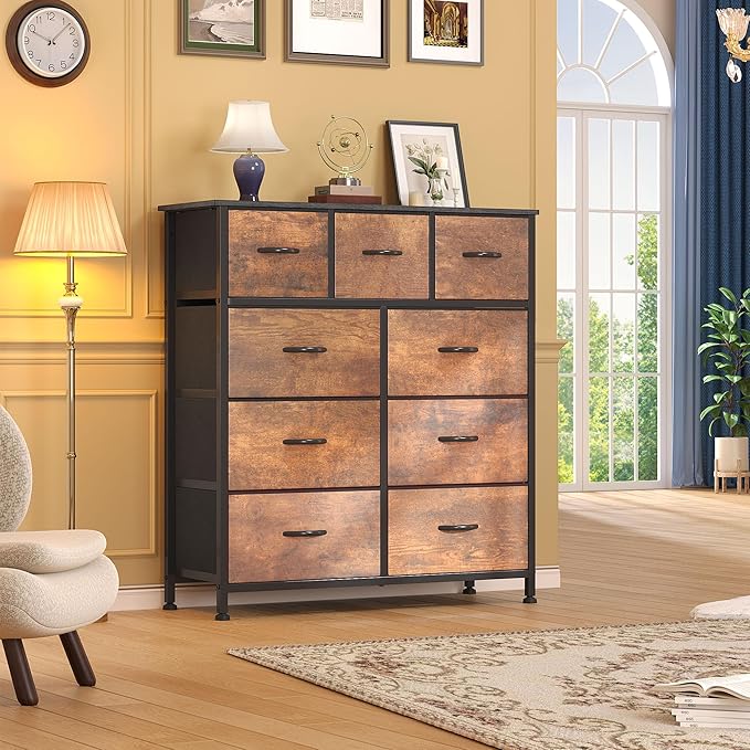 DWVO Dresser with 9 Drawers - Fabric Storage Tower, Organizer Unit for Living Room, Hallway - Sturdy Steel Frame, Wooden Top & Easy Pull Fabric Bins-NeatNest