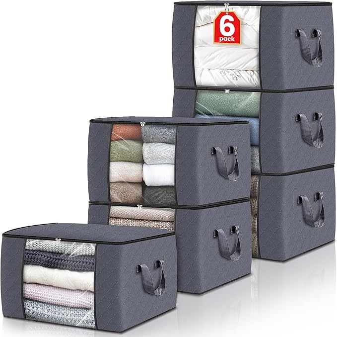 Fab totes 6 Pack Clothes Storage, Foldable Thick Fabric Blanket Storage Bags, Containers for Organizing Bedroom, Closet, Clothing, Comforter,Closet Organization with Handle,Grey-NeatNest