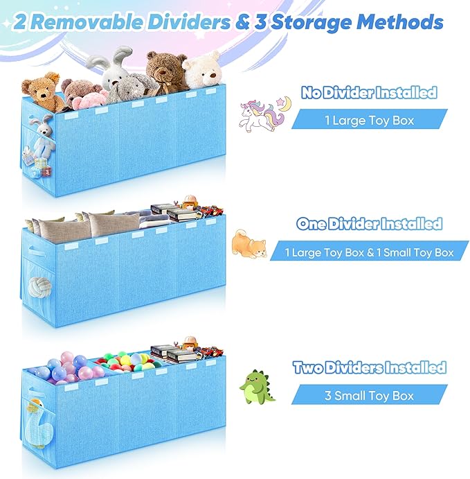 Extra Large Toy Box, Toy Box for Kids Boys Girls, Collapsible Sturdy Toy Storage Organizer with Mesh Pockets, 40"x14"x16" Kids Toy Chest Boxes Bins Baskets for Nursery, Playroom, Blue