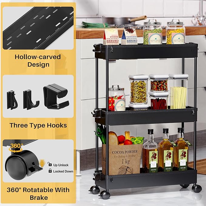 SPACEKEEPER Slim Rolling Storage Cart, 3 Tier Bathroom Storage Organizer Laundry Room Utility Cart Mobile Shelving Unit, Multi-Purpose for Kitchen Office Bathroom Laundry Narrow Places, Black-NeatNest