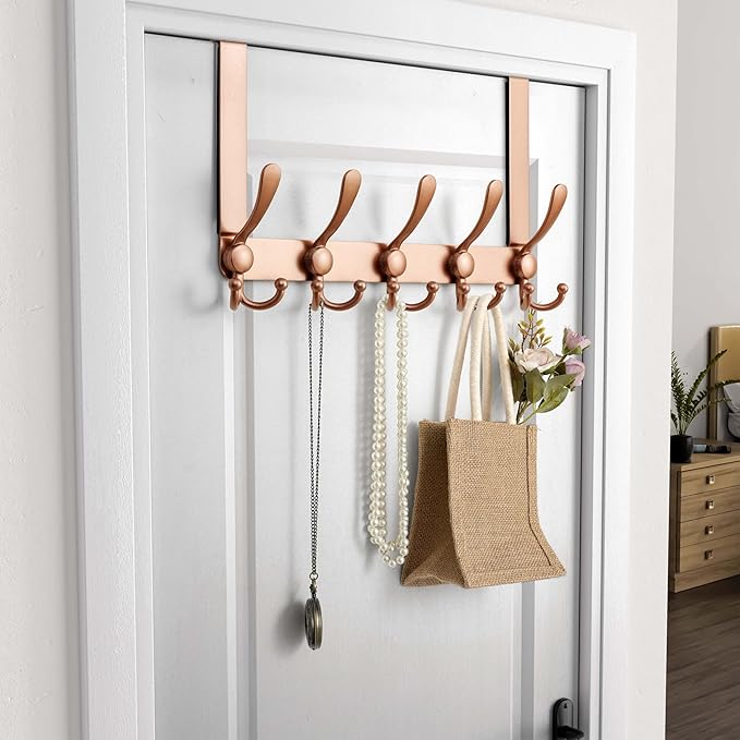 Dseap Over Door Hook 2.0 - Upgraded Version - Simple-Assembly, Strong, Heavy-Duty Stainless Steel 5-Tri-Hook Over The Door Hanger Rack, SimpleStrong Series, Rose Gold, Pack of 2
