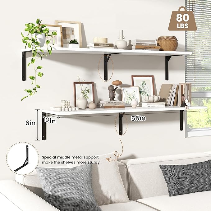 Fun Memories Floating Shelves for Wall, 12 Inch Deep Floating Shelves Set of 2, Wall Mounted Shelf with Metal Brackets, Rustic Wood Wide Shelf for Bathroom, Kitchen and Living Room, White, 55W x 12D-NeatNest