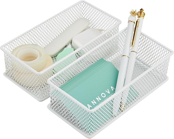 Annova Mesh Stackable Drawer Cabinet and Shelf Organizer Bins Storage Basket School Office Supply Holder Tray- Set of 2 (White, 3x6x2 Inch)-NeatNest