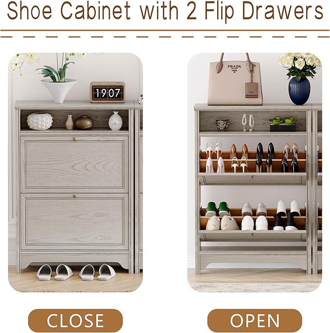 Chogori Solid Wood Shoe Storage Cabinet for Entryway - Narrow Freestanding Shoe Organizer with 2 Flip-Up Drawers, Hallway Shoe Rack with Sturdy Wooden Legs for Foyer, Living Room (2, Charcoal Gray)