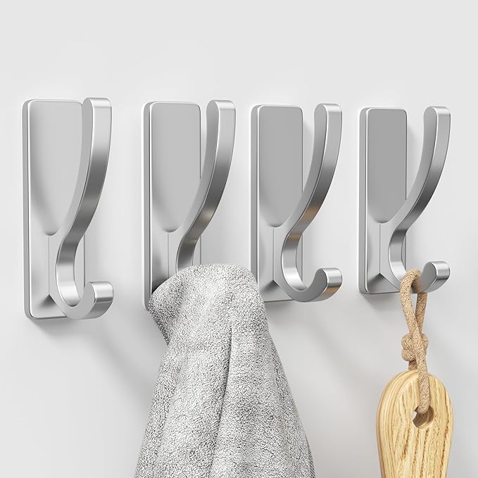 Adhesive Wall Hooks for Towels Coats - Stick On Hooks Hanging Heavy Duty (13lb), Metal Hook for Door, Bathroom, Dorm, Closet - Hanger for Purse, Bag, Robe,Backpack - No Damage to Wall - Silver 4 Pack