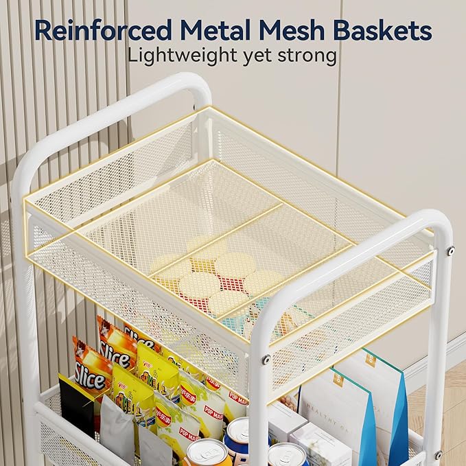 YASONIC 3 Tier Rolling Cart – Metal Utility Storage Cart with Wheels, Craft Carts Organizer with Hanging Cups, Hooks, Mesh Basket for Bedside Kitchen Office Art, White
