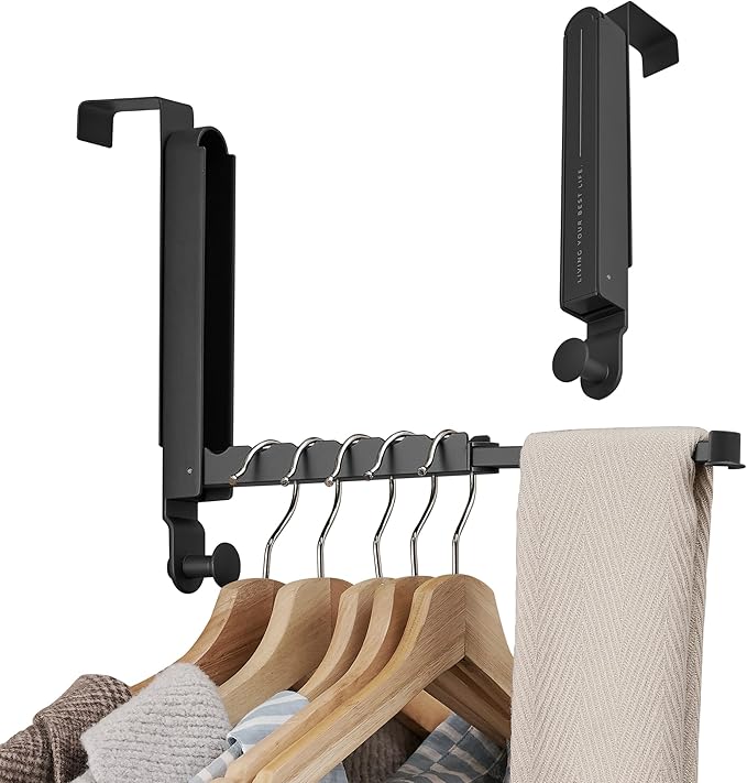 Clothes Drying Rack Foldable Fit Door up to 1 3/8" Optimal 2pc,Over The Door Hanger with Retractable Rod,Over The Door Hanger Hooks for Laundry Bathroom Bedroom Travel Hangers(Black, 2 Pack)