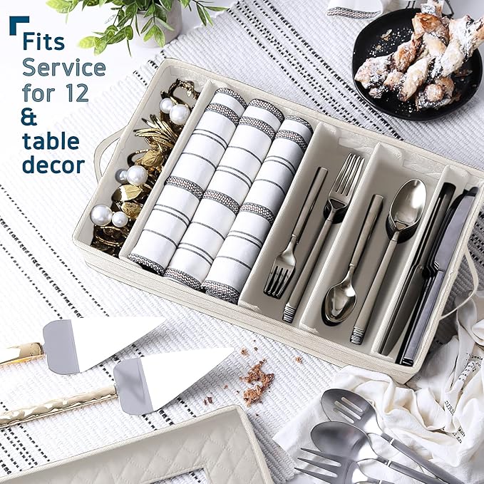 Flatware & Utensil Storage, Durable Silverware Storage Box with Padded Dividers, 5 Compartment Flatware Storage Case, Silverware Case with Handles, Protects and Organizes Cutlery, Cream-NeatNest