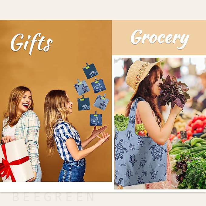 BeeGreen Sea Turtle Reusable Grocery Bags Large Tote Bag With Handles, Bulk Gift Foldable Shopping Bags for Women 6 Pack, Cute Cloth Bag, Heavy Duty, Washable For Beach, Holiday, Travel And Groceries-NeatNest